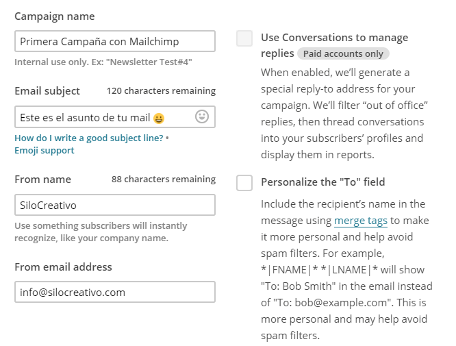 Crear nueva campaña con Mailchimp