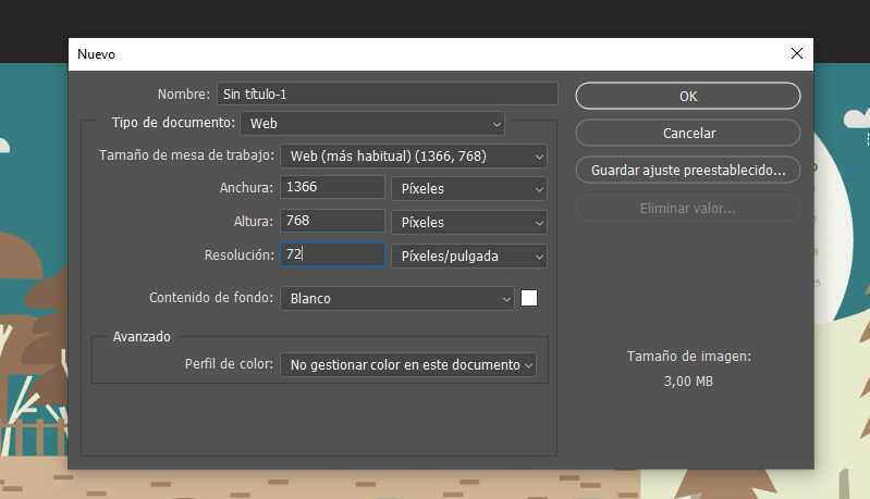 parametro de nuevo archivo de photoshop, con resolucion de imagen de 72dpi
